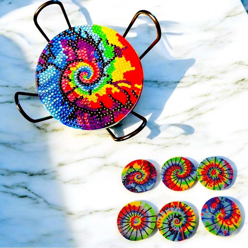 Colorful Spiral Coaster Set of 6 w/ HolderHand Crafted & Sealed Diamond Art 4”
